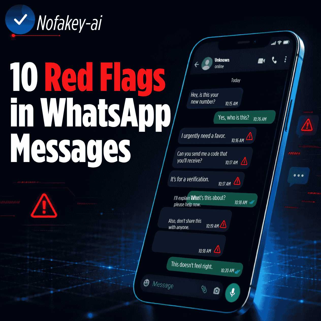 10 Red Flags in WhatsApp Messages - Visual guide showing scam warning signs and protection tips