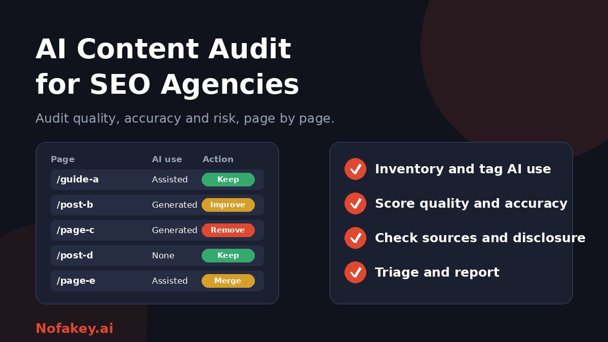 A table of example pages tagged by AI use and action, such as keep, improve, merge and remove, beside four steps: inventory and tag AI use, score quality and accuracy, check sources and disclosure, and triage and report