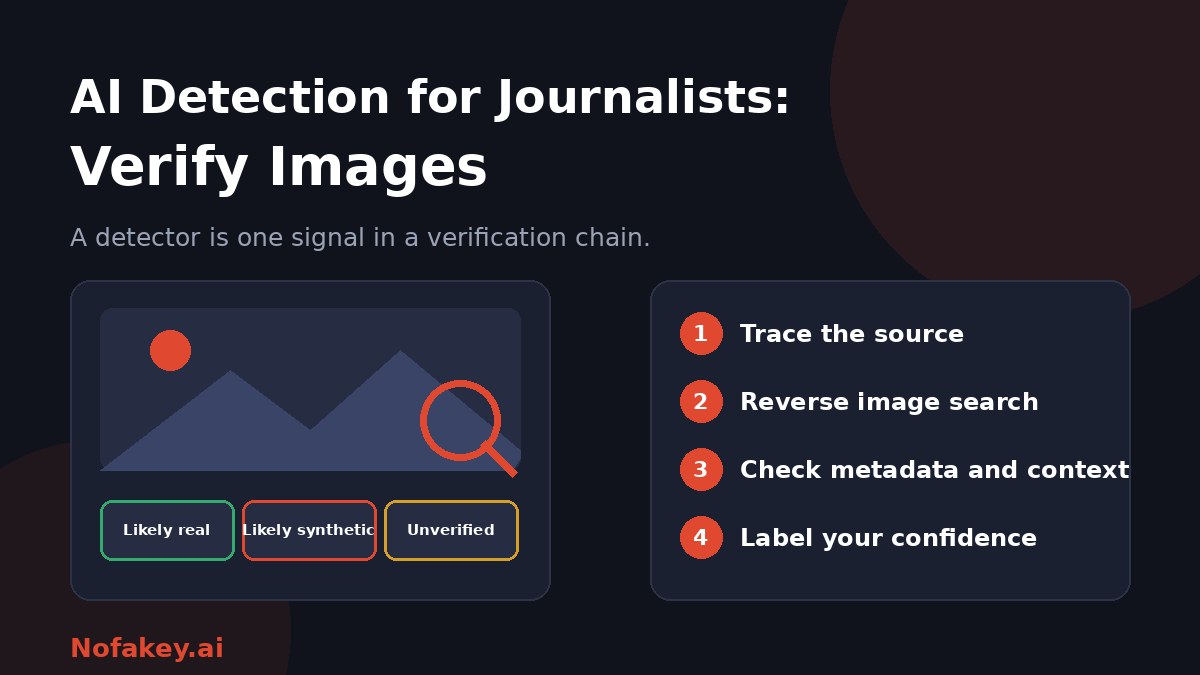 An image under a magnifying glass with three confidence labels, likely real, likely synthetic and unverified, beside four steps: trace the source, reverse image search, check metadata and context, and label your confidence