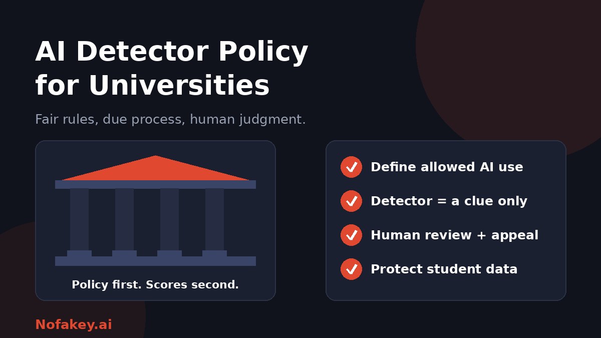 A university building with columns, captioned policy first and scores second, beside a checklist: define allowed AI use, treat the detector as a clue only, human review and appeal, and protect student data