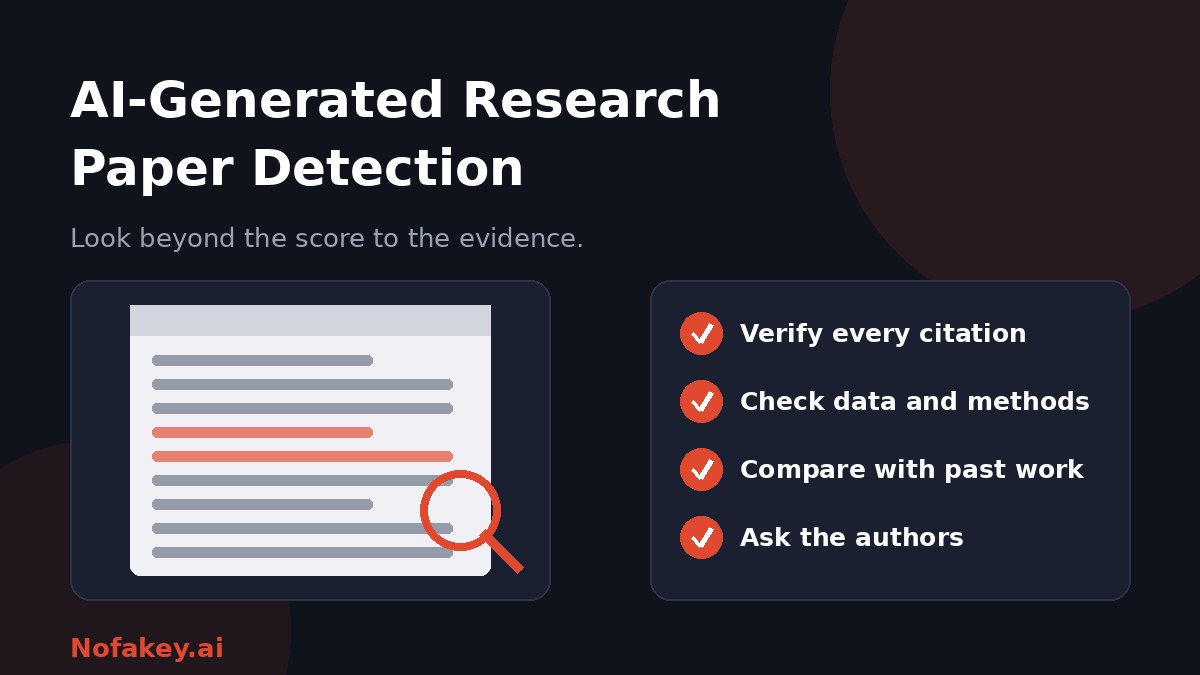 A research paper page with a magnifying glass over highlighted lines, beside a checklist: verify every citation, check data and methods, compare with past work, and ask the authors