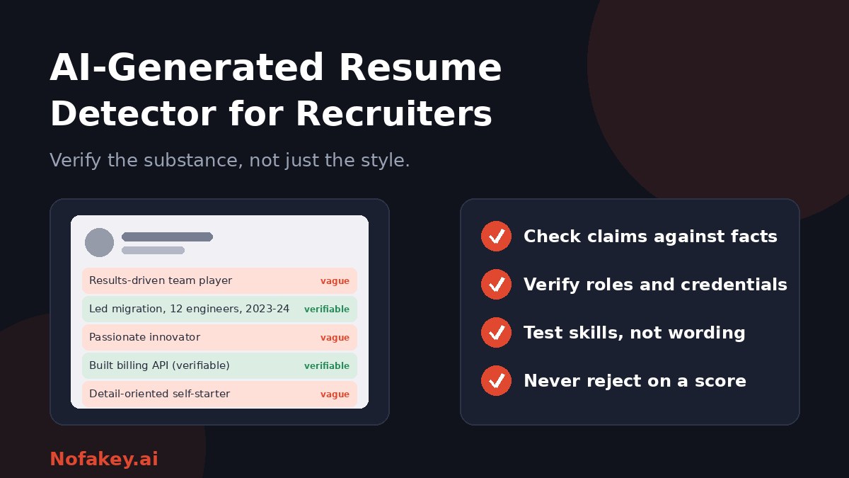 A sample resume with bullet lines marked vague or verifiable, beside a checklist: check claims against facts, verify roles and credentials, test skills not wording, and never reject on a score