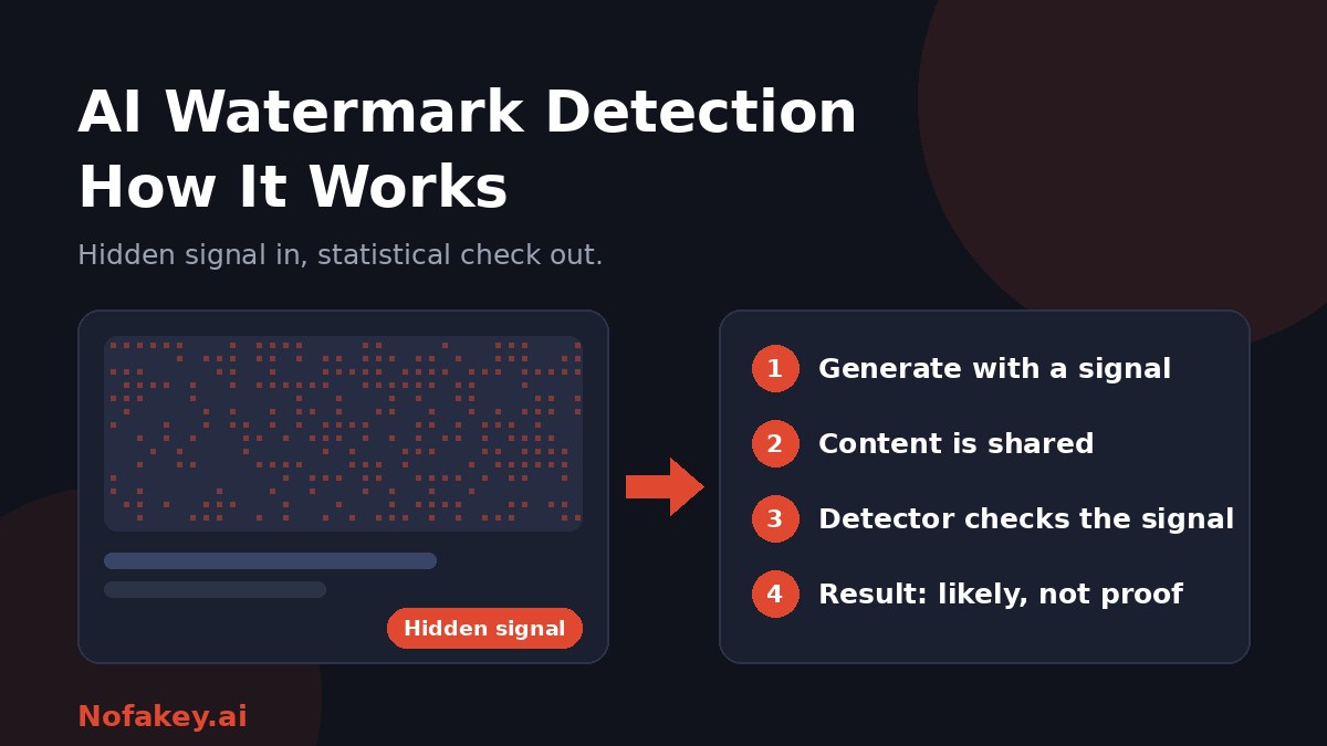 Diagram showing content with a hidden signal pattern, an arrow, and four steps: generate with a signal, content is shared, a detector checks the signal, and the result is likely but not proof