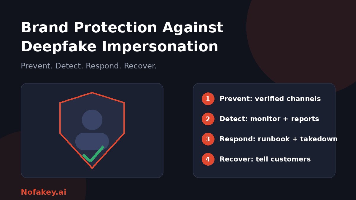 A shield around a person's silhouette with a green check, beside four stages: prevent with verified channels, detect with monitoring and reports, respond with a runbook and takedown, and recover by telling customers