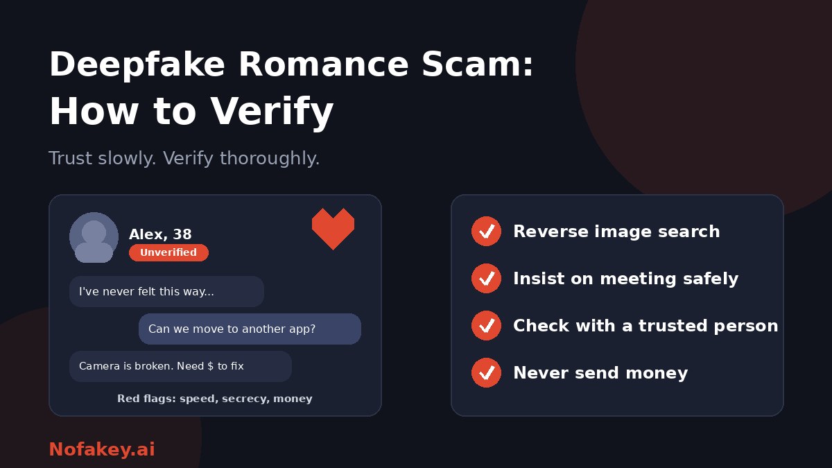 A dating profile marked unverified with chat bubbles showing red flags: fast declarations of love, a request to move to another app and a money request, beside a checklist: reverse image search, insist on meeting safely, check with a trusted person, and never send money
