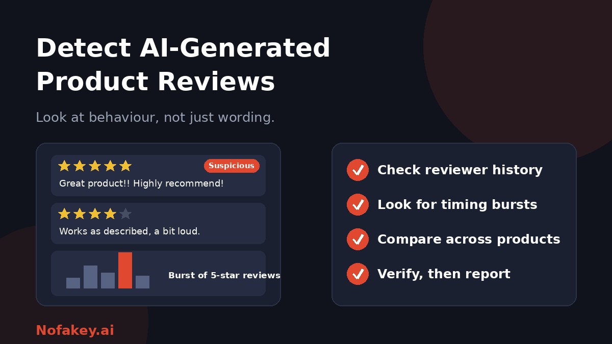Two product reviews, one marked suspicious, and a chart showing a burst of five-star reviews, beside a checklist: check reviewer history, look for timing bursts, compare across products, and verify then report
