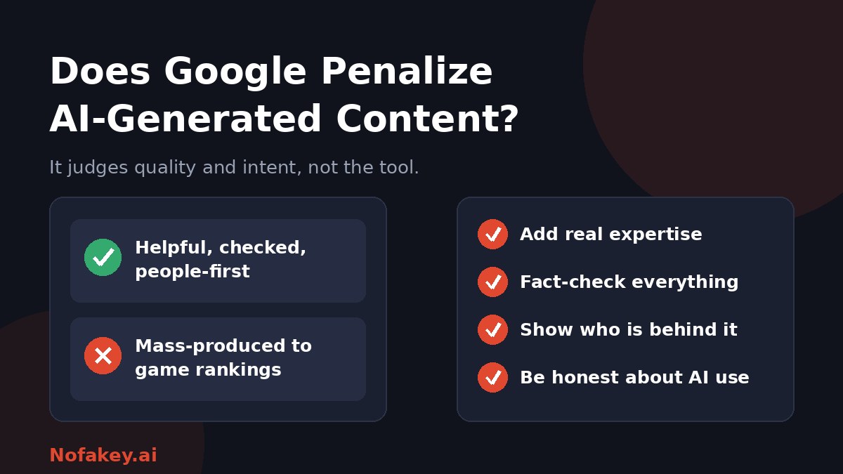 Two cards: helpful, checked, people-first content marked as good, and mass-produced content made to game rankings marked as bad, beside a checklist of add real expertise, fact-check, show who is behind it, and be honest about AI use