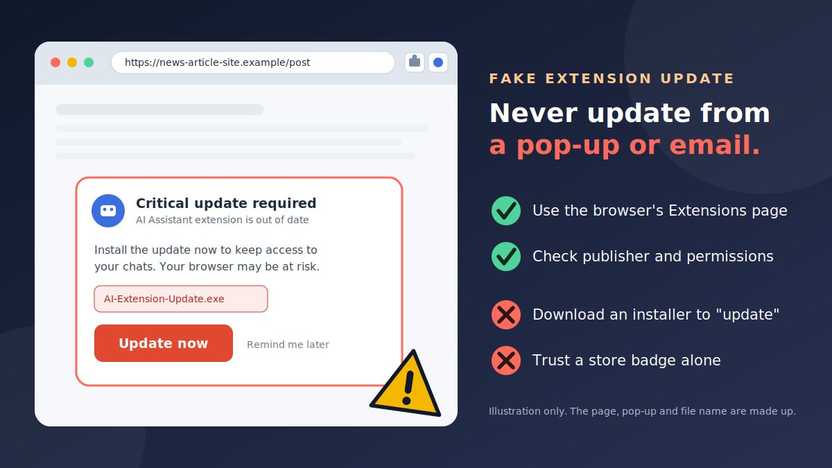 Illustration of a browser showing a fake critical update pop-up for an AI Assistant extension with a downloadable installer file, next to a checklist: use the browser's Extensions page and check publisher and permissions, but never download an installer to update or trust a store badge alone