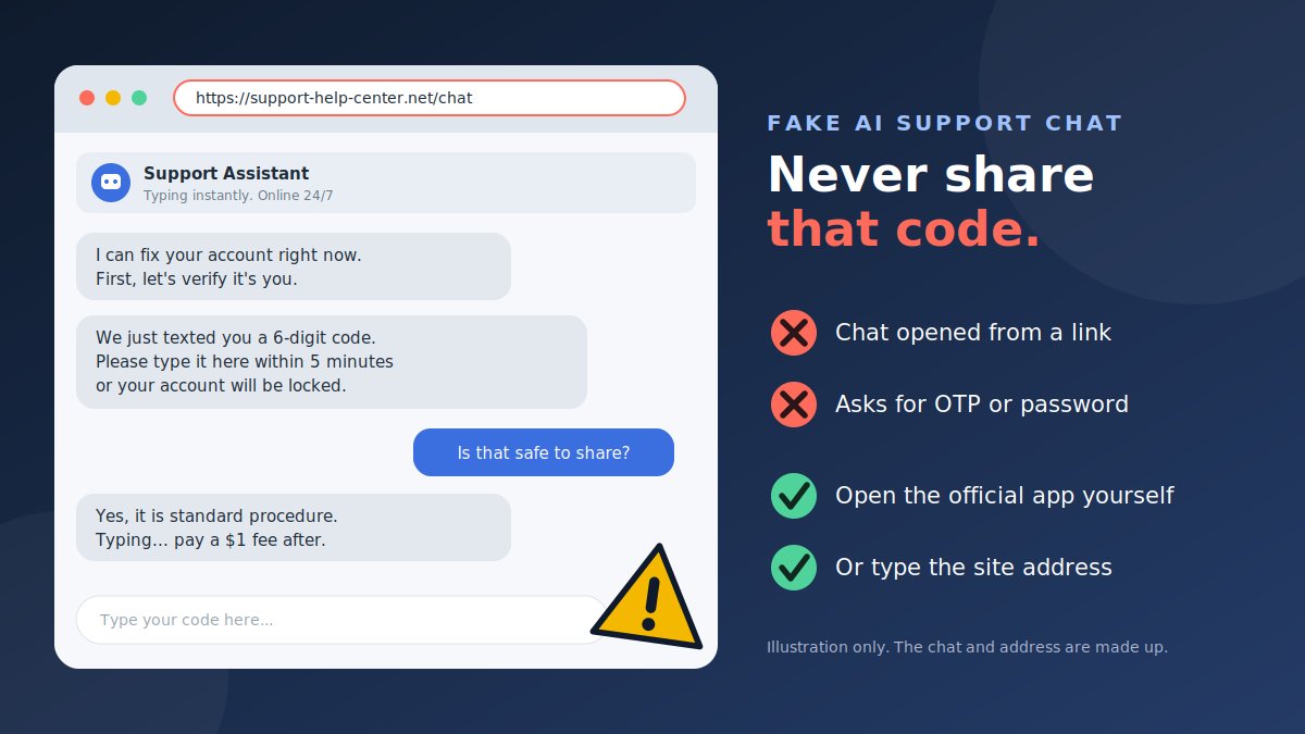 Illustration of a fake support chat on a lookalike website asking for a six-digit code, next to a checklist: a chat opened from a link and a request for a code are red flags; open the official app yourself or type the site address