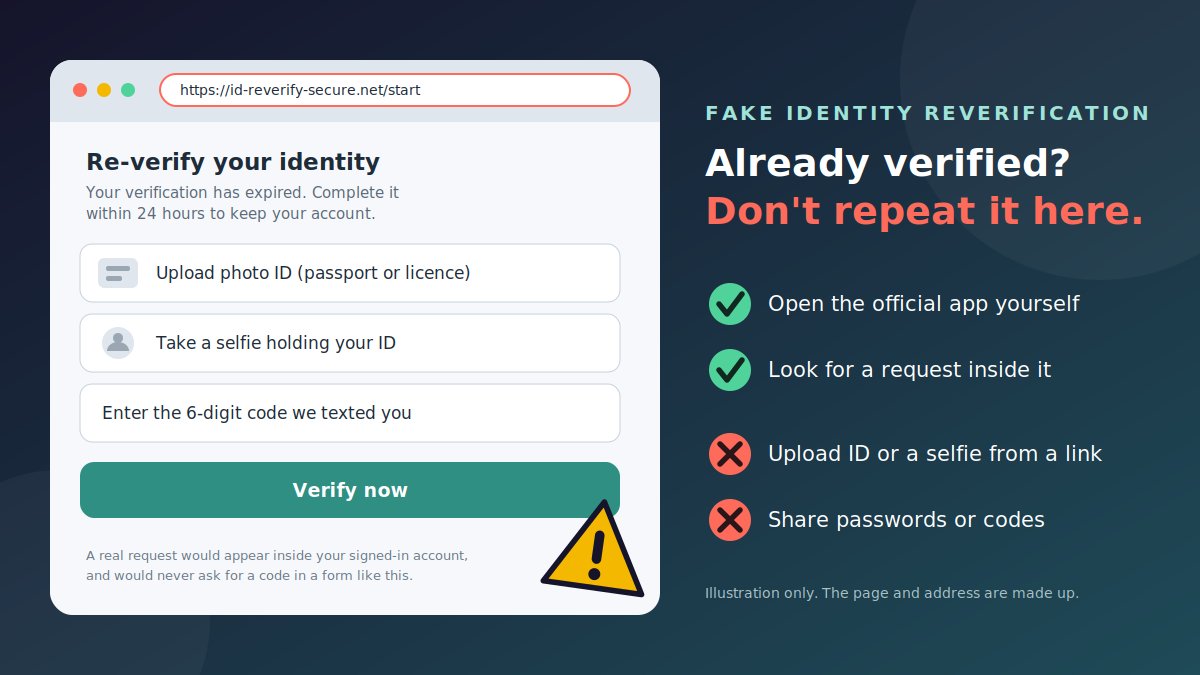 Illustration of a fake re-verify your identity page on a lookalike web address asking for a photo ID, a selfie holding the ID and a six-digit code, next to a checklist: open the official app yourself and look for a request inside it, but never upload ID or a selfie from a link or share passwords or codes