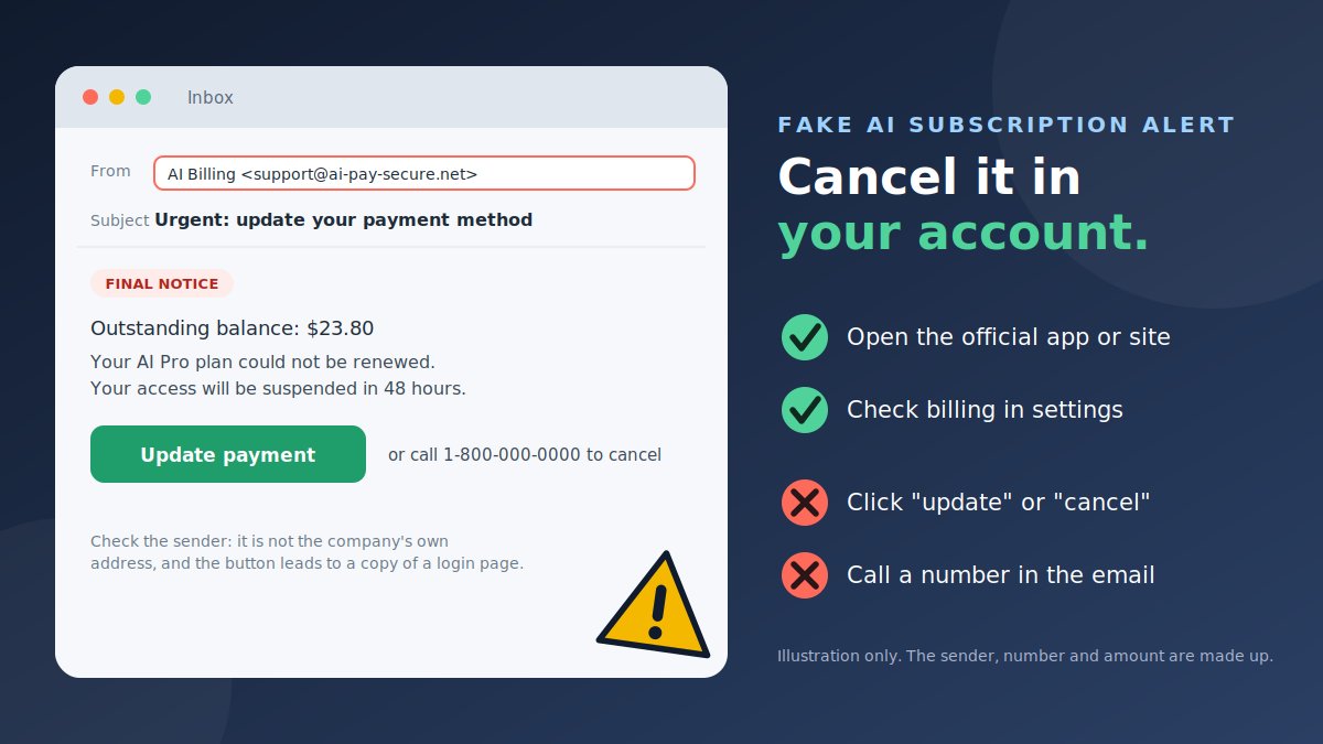 Illustration of a fake AI billing email from a lookalike sender with an Update payment button and a phone number to cancel, next to a checklist: open the official app or site and check billing in settings, but do not click update or cancel links or call numbers in the email