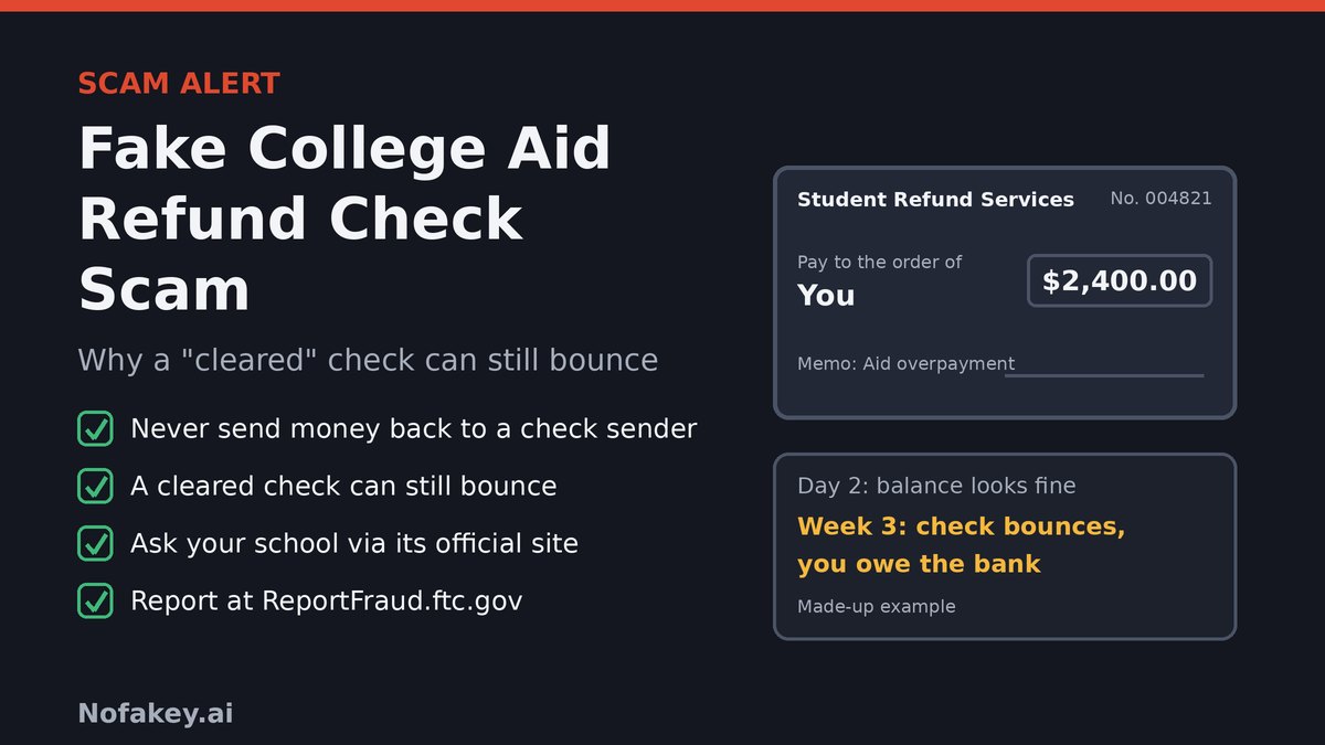 Illustration of a made-up refund check next to a checklist: never send money back to someone who sent you a check, a cleared check can still bounce, ask your school using a number from its official website, and report at ReportFraud.ftc.gov