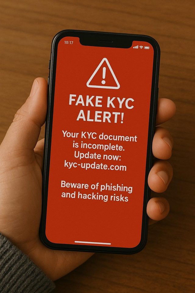A hand holding a phone showing a red warning screen about an urgent KYC update with a lookalike web address