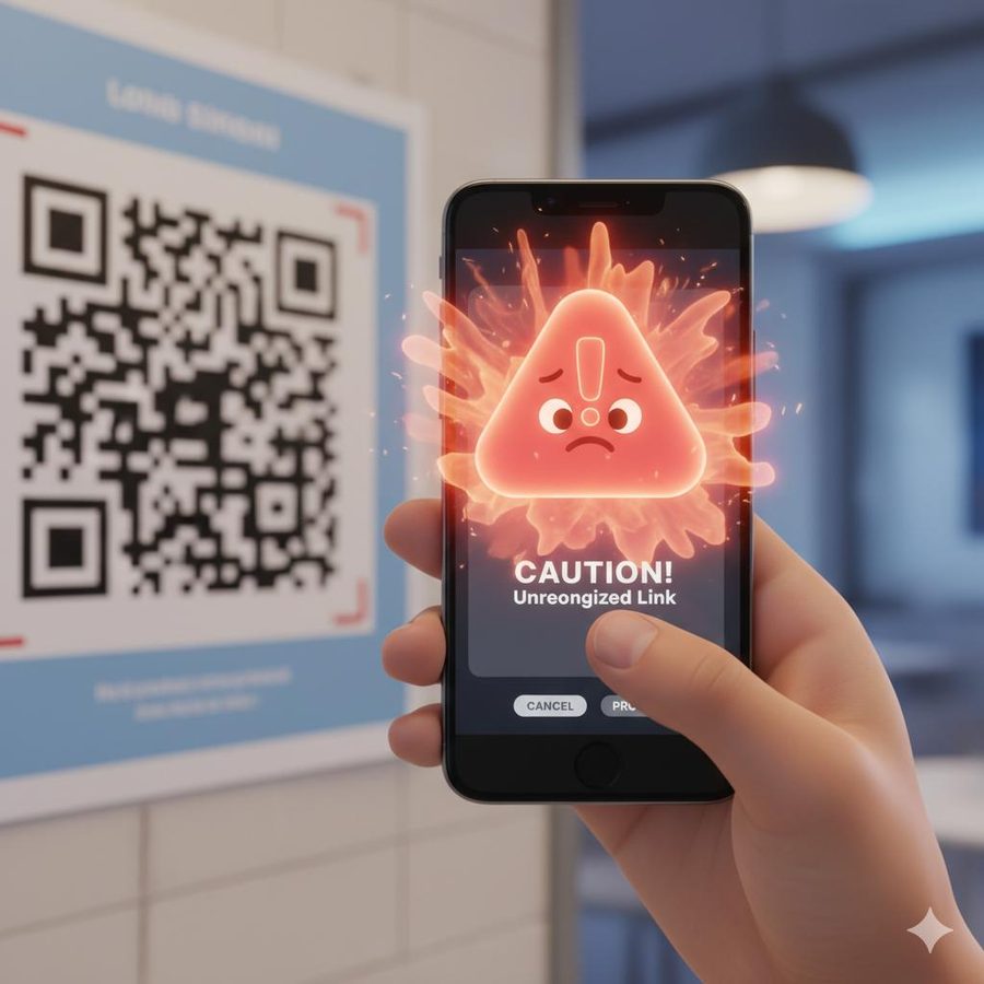 A hand holding a phone pointed at a printed QR code, with the screen showing a red caution warning for an unrecognised link