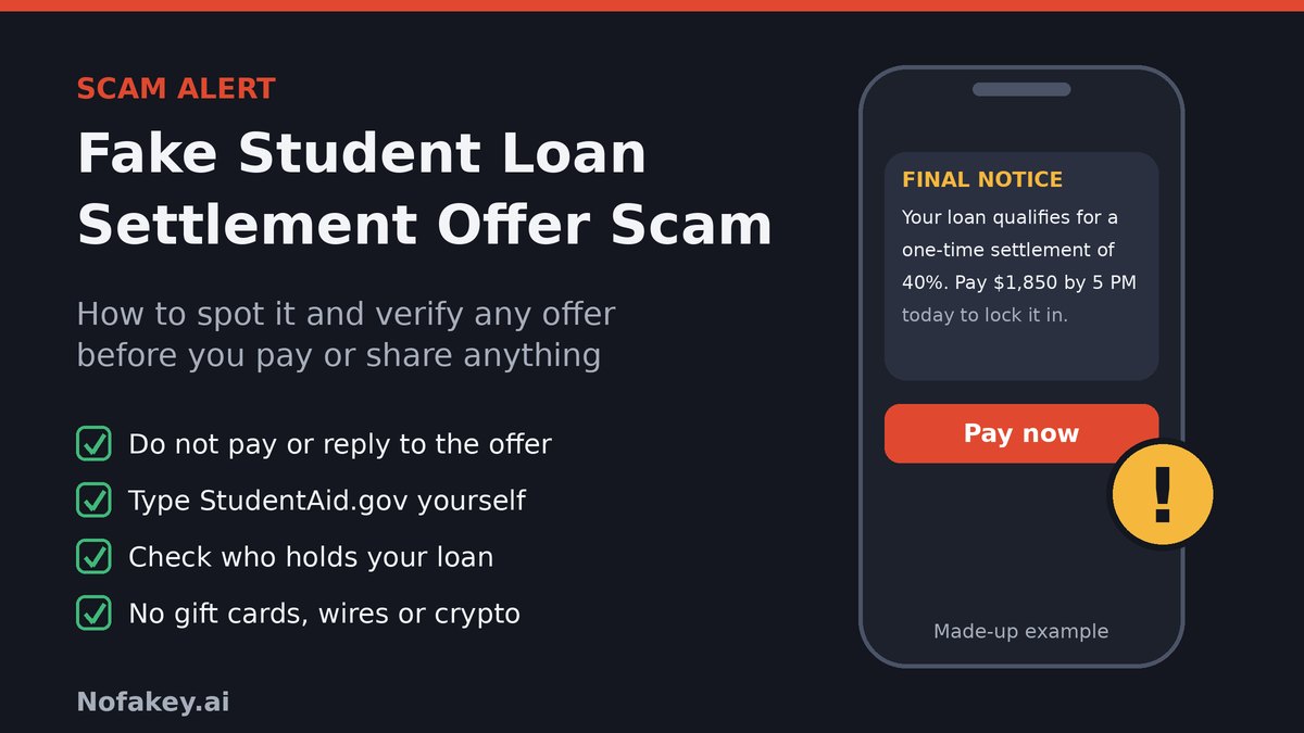 Illustration of a made-up text message offering a one-time student loan settlement if you pay today, next to a checklist: do not pay or reply, type StudentAid.gov yourself, check who holds your loan, and never pay by gift card, wire or crypto