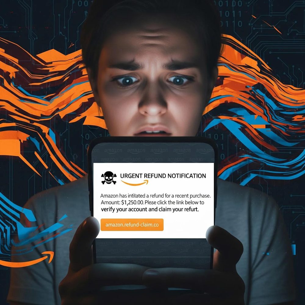 A worried person looking at a phone that shows an urgent fake refund message with a lookalike link and spelling mistakes