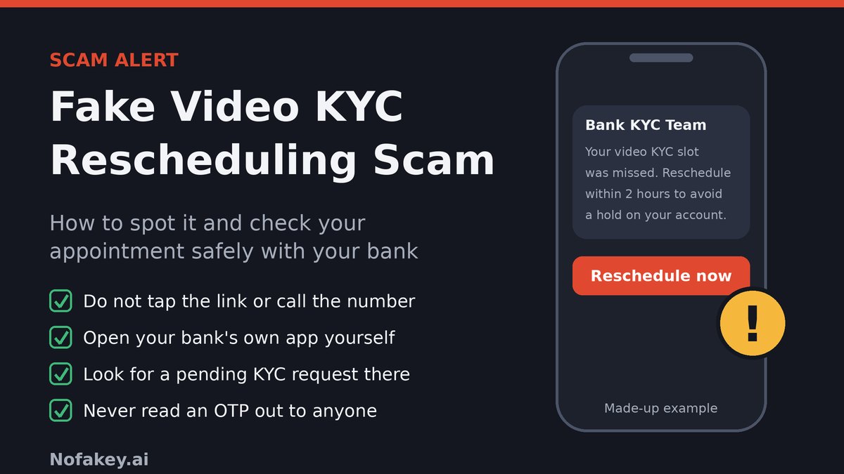 Illustration of a made-up phone message saying to reschedule your video KYC within 2 hours, next to a checklist: do not tap the link, open your bank's own app yourself, look for a pending KYC request there, and never read an OTP out to anyone
