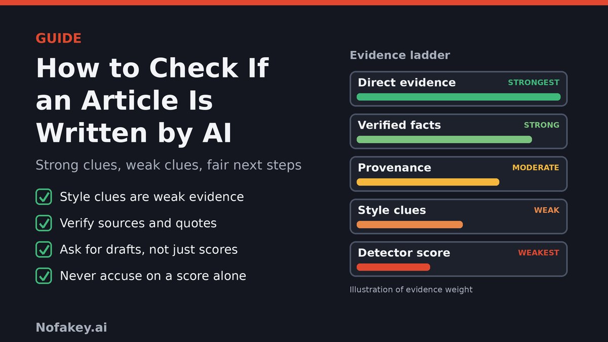 Illustration of an evidence ladder with five rungs from strongest to weakest: direct evidence, verified facts, provenance, style clues and detector score, next to a checklist: style clues are weak evidence, verify sources and quotes, ask for drafts not just scores, and never accuse on a score alone