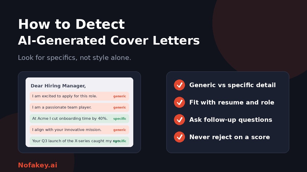A sample cover letter with lines marked generic or specific, beside a checklist: generic versus specific detail, fit with resume and role, ask follow-up questions, and never reject on a score