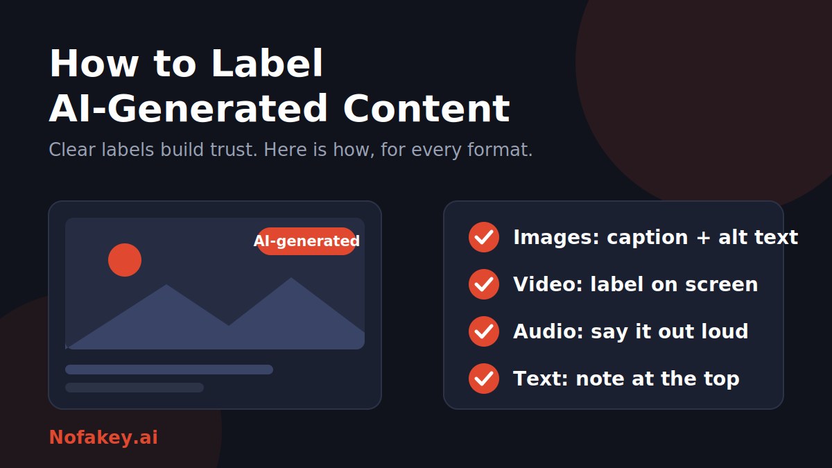 Illustration of an image card marked AI-generated beside a checklist: images need a caption and alt text, video a label on screen, audio a spoken note, and text a note at the top