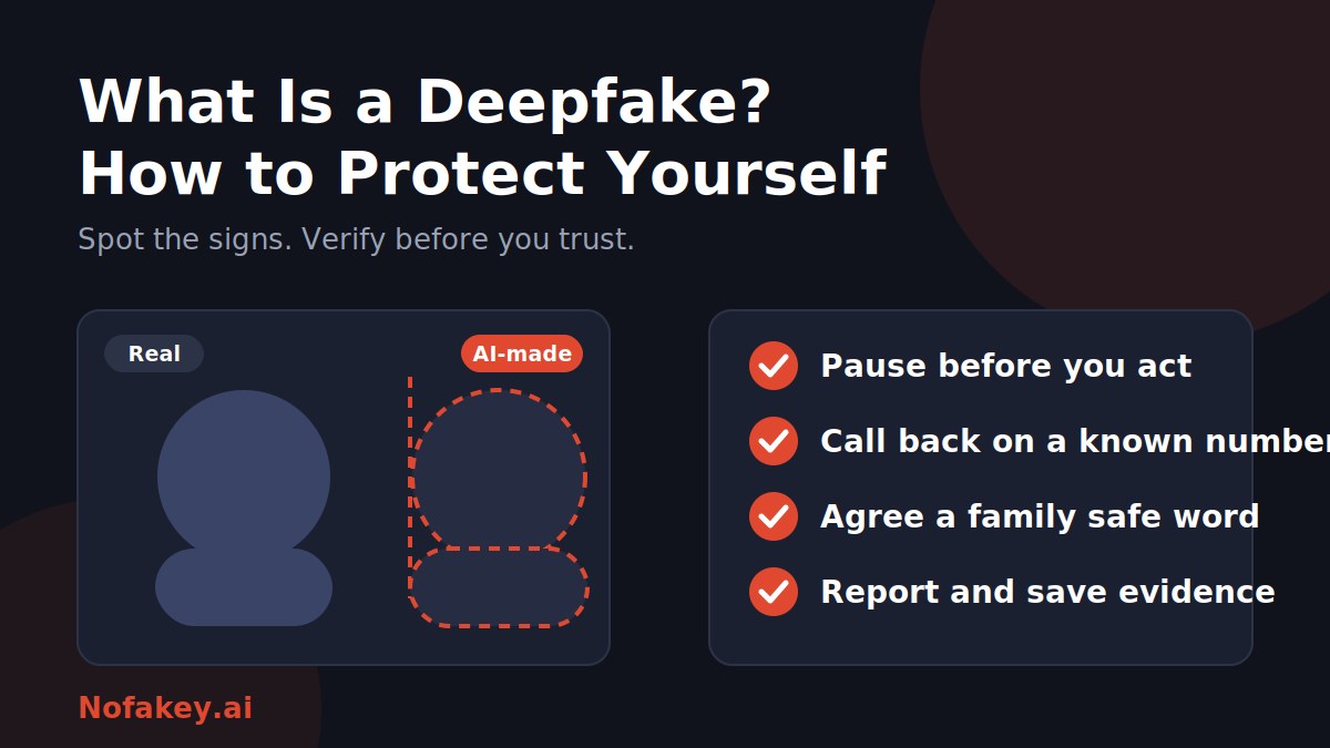 Illustration of a real person beside a dashed AI-made copy, next to a checklist: pause before you act, call back on a known number, agree a family safe word, report and save evidence