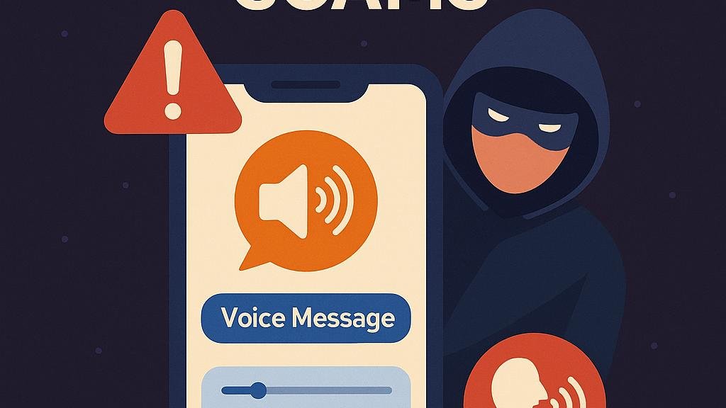 Illustration of a hooded scammer behind a phone showing a WhatsApp voice message, with a red warning triangle